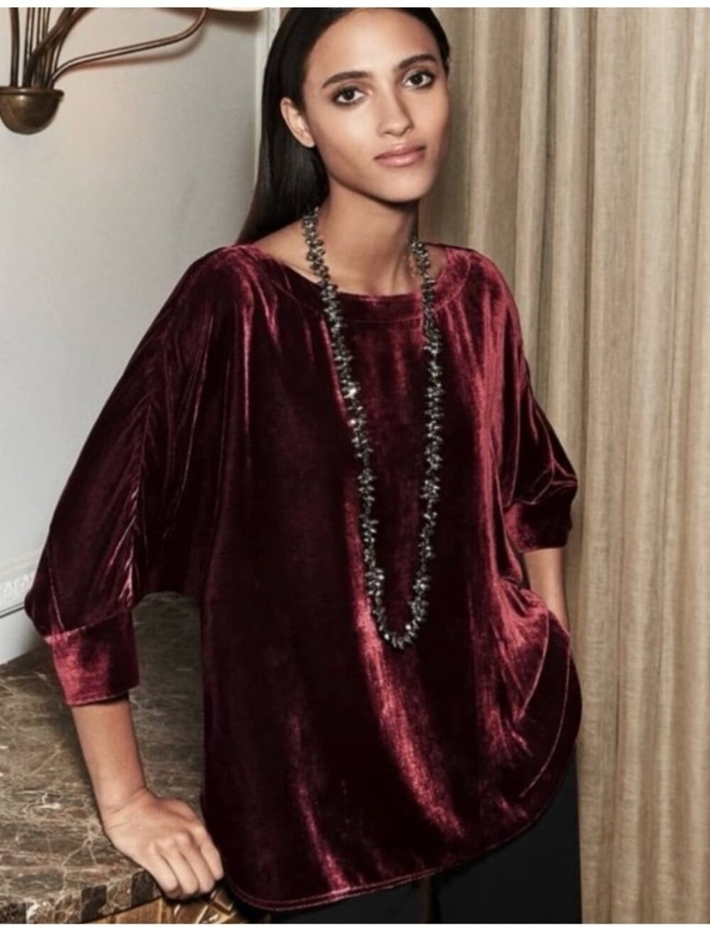 NWOT Eileen Fisher Velvet Ballet Neck Boxy Top in Burgundy sz L